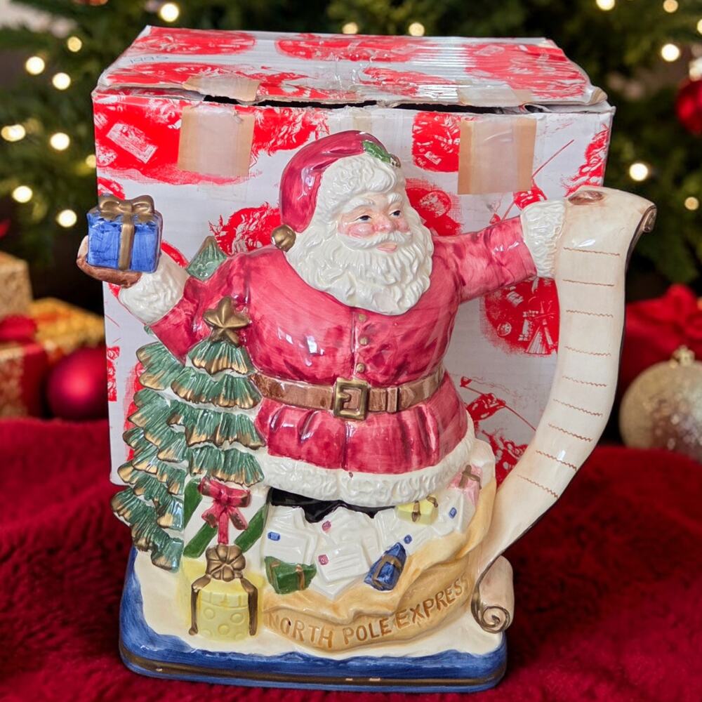 Fitz and Floyd Omnibus Vintage Santa Teapot Handpainted 58 OZ w/ Original Box